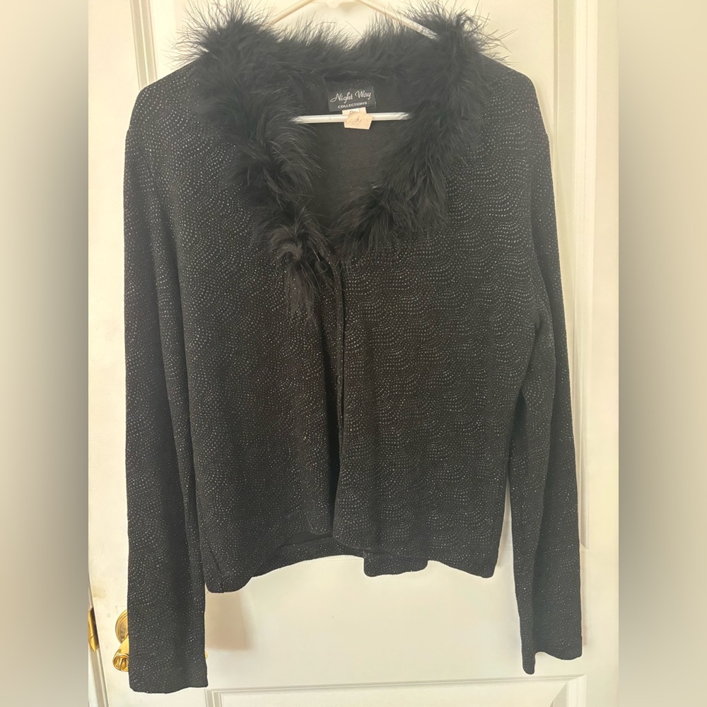 Vintage Black Night Way 90s Feather neckline button sparkle cardigan Sz L